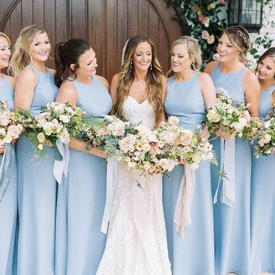 Stylish a-line roud neck baby blue chiffon long bridesmaid dress under 100 - Thumbnail 2