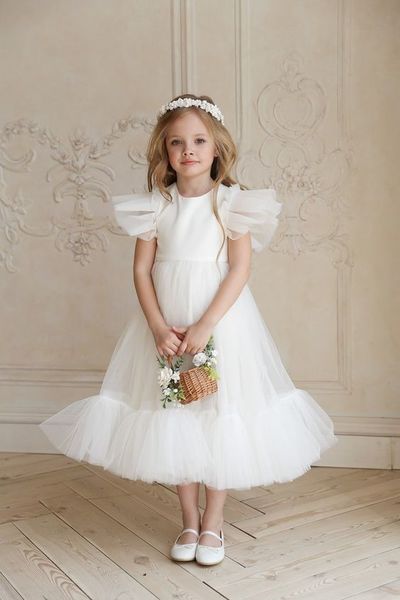 Pretty White Tulle Midi Length Flower Girl Dress Birthday Party Dress