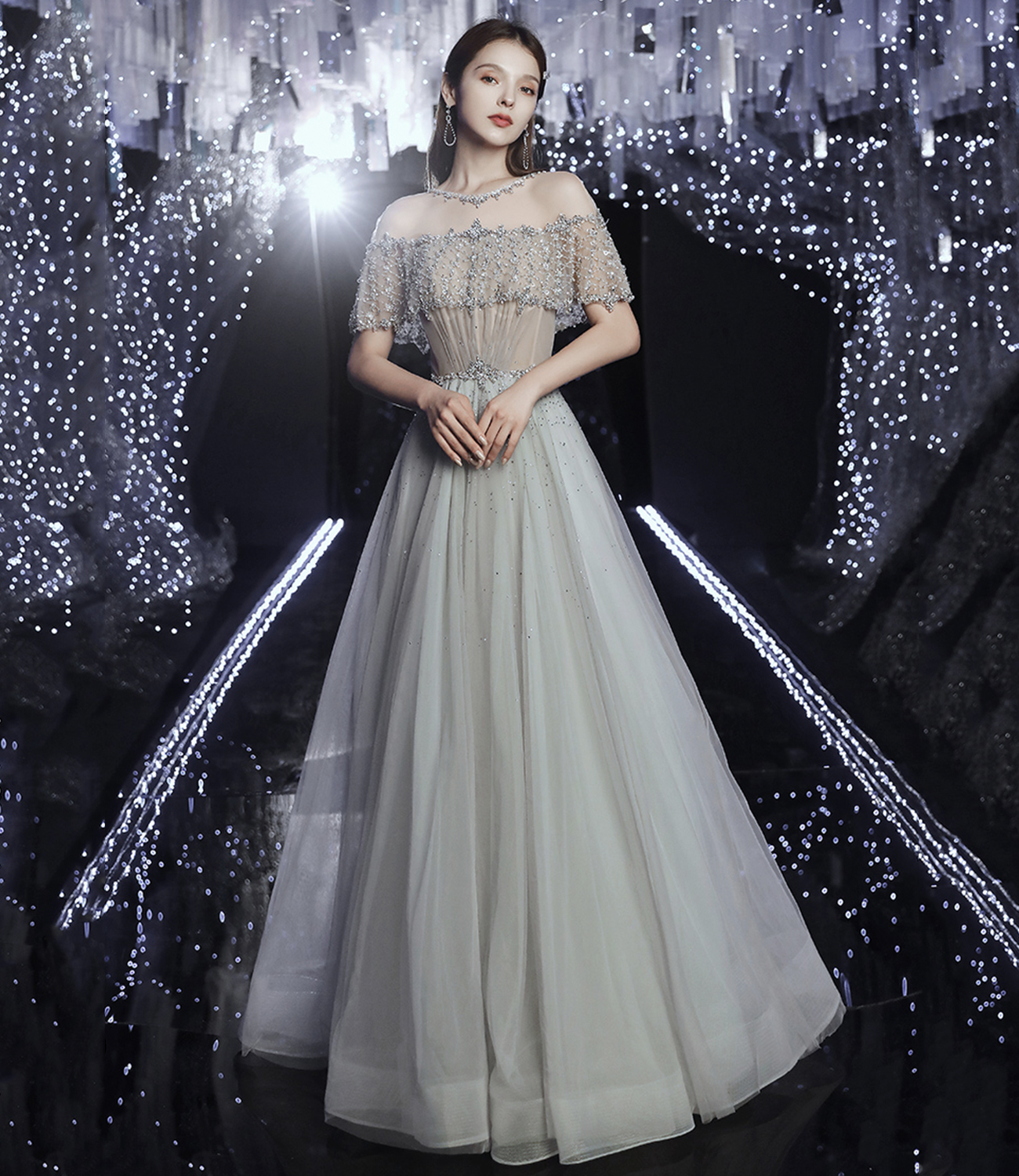Elegant tulle beads long A line prom dress evening dress
