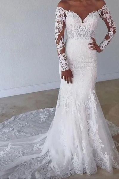 White Off the shoulder Appliques Lace Long Sleeves Wedding Dress with Train,863