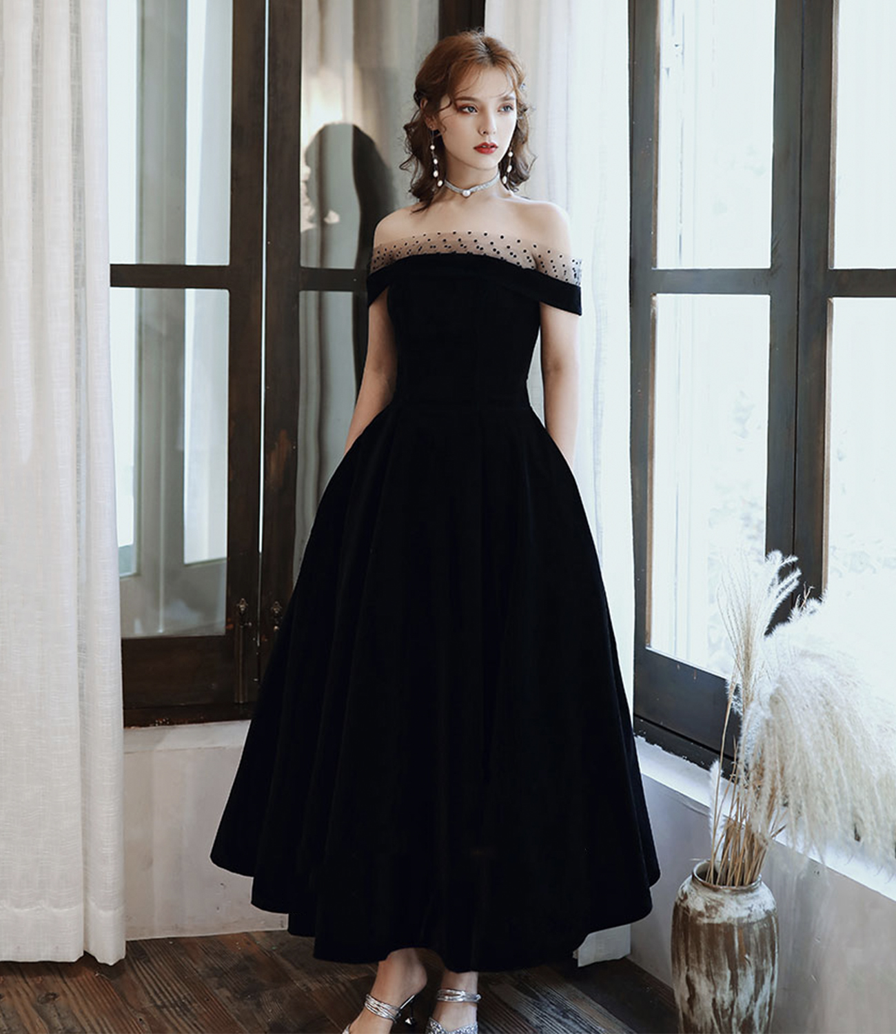 Cute velvet tea length prom dress A line evening dress
