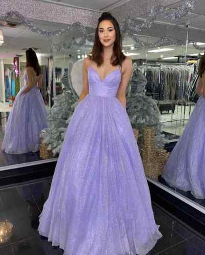 Glitter Spagheti Straps V Neck Lavender Long Prom Dress