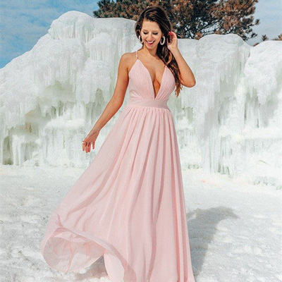 Simple A-Line V Neck Cross Back Pink Chiffon Long Prom Dress Under 100