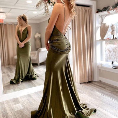 Olive green mermaid prom dresses backless - Thumbnail 3