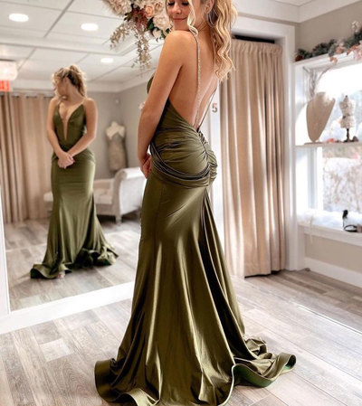 Olive Green Mermaid Prom Dresses Backless