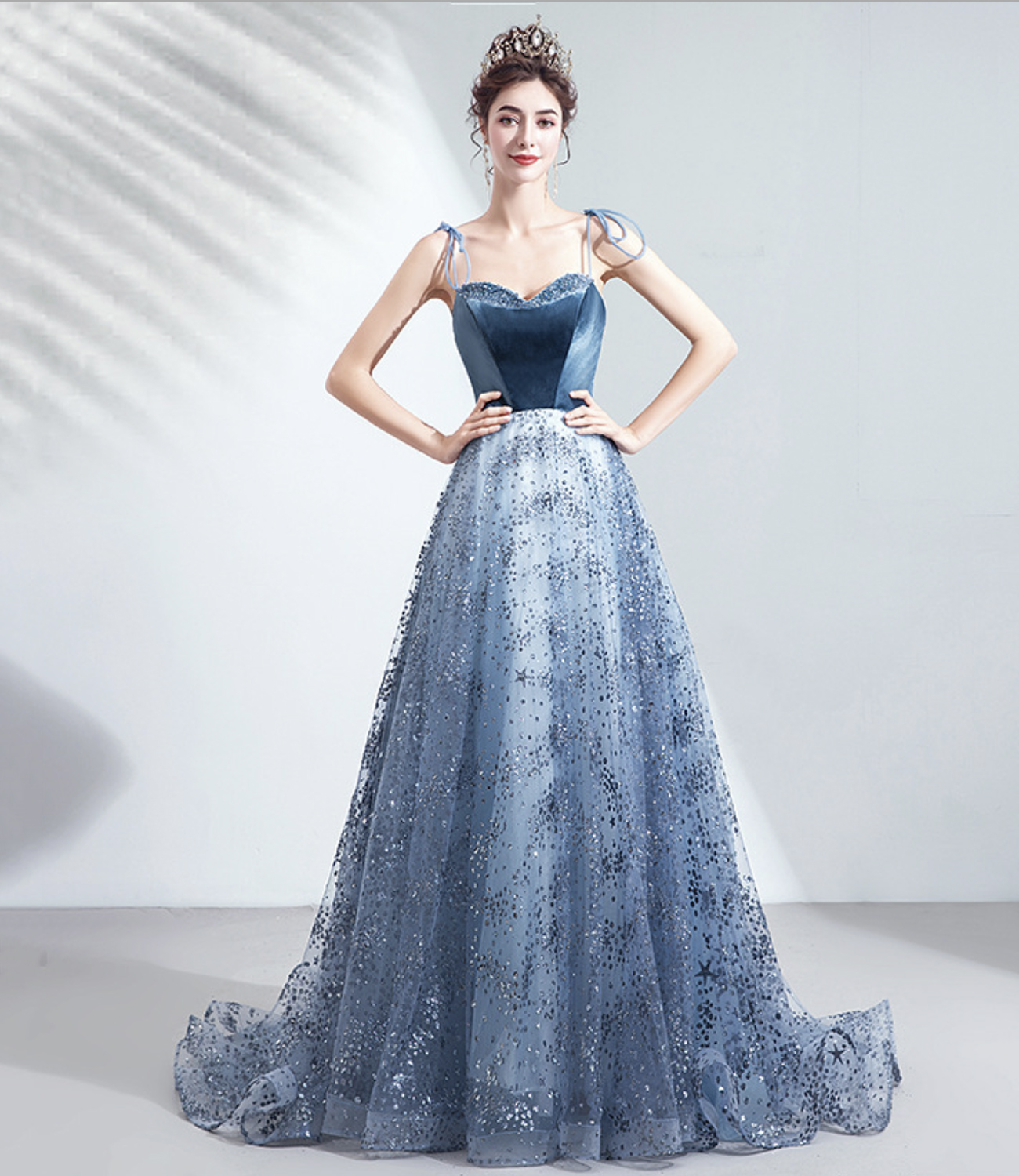 Blue tulle sequins long prom dress A line evening dress