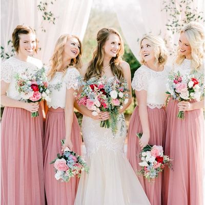 Two piece white lace pink tulle long bridesmaid dresses - Thumbnail 2