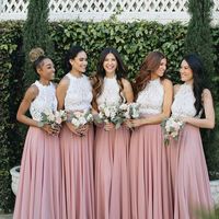 Pretty Two Piece Halter White and Pink Long Bridesmaid Dresses - Thumbnail 1