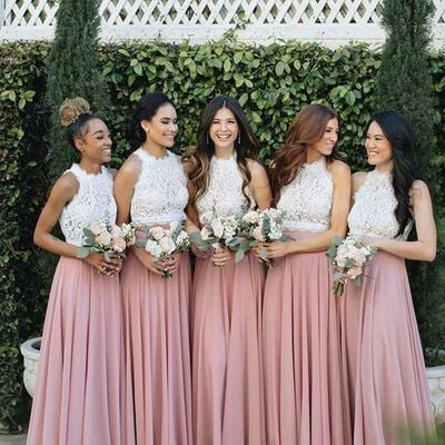 Pretty two piece halter white and pink long bridesmaid dresses - Thumbnail 2