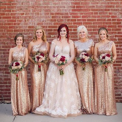 One Shoulder Gold Sequins Long Bridesmaid Dresses