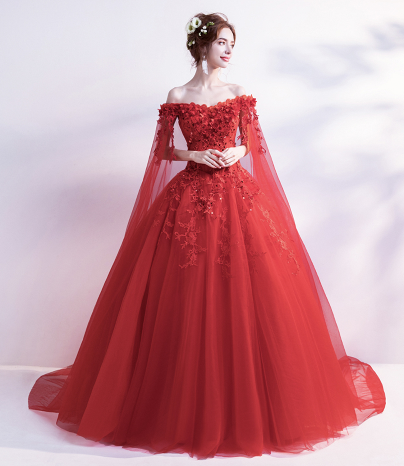 Red lace applique long A line prom dress evening dress