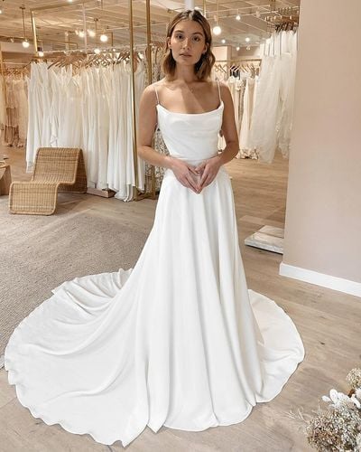 Elegant A Line Cowl Neck Spaghetti Straps White Satin Wedding Dresses