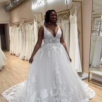 Plus Size Ball Gown V Neck Tulle White Wedding Dresses with Appliques - Thumbnail 1