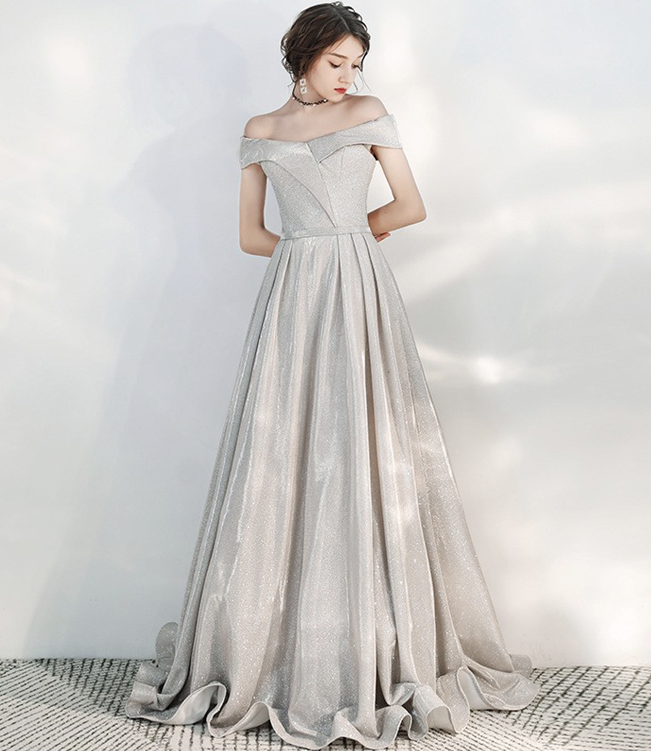 Shiny A line off shoulder prom dress simple evening dress