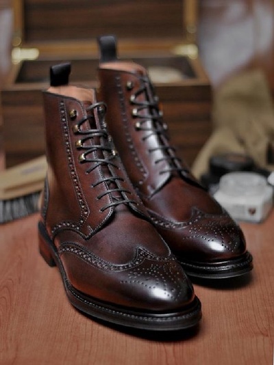 Handmade Brown Leather Wing Tip Brogue Ankle High Dress Boots Men's