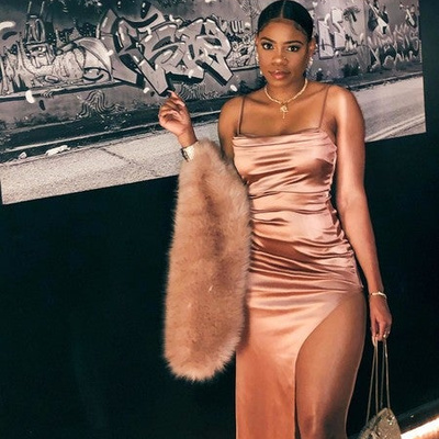 Sexy bodycon spaghetti straps blush satin slit prom dresses - Thumbnail 3