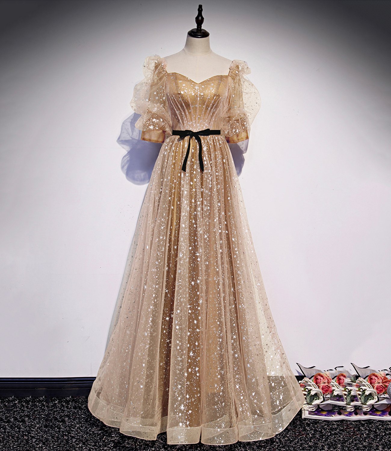 Cute tulle long A line prom dress evening dress