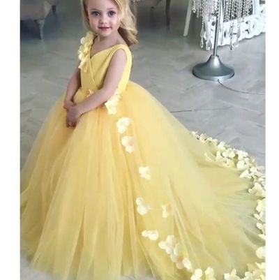 Cute A-Line V Neck Yellow Tulle Long Flower Girl Dresses