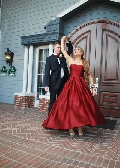 Simple Satin Strapless Dark Red Satin Long Prom Evening Dress