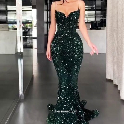 Sexy mermaid v neck straps dark green sequins evening party dresses - Thumbnail 4