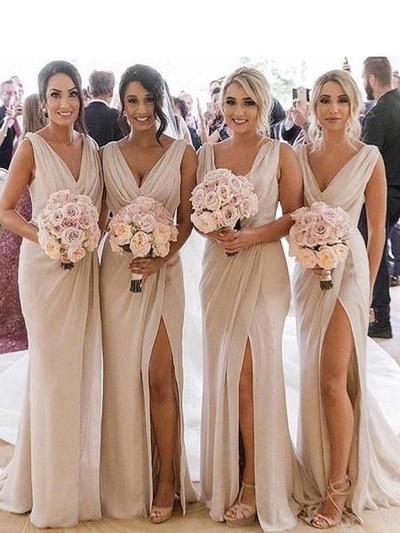 V Neck Slit Bridesmaid Dresses for Wedding Party