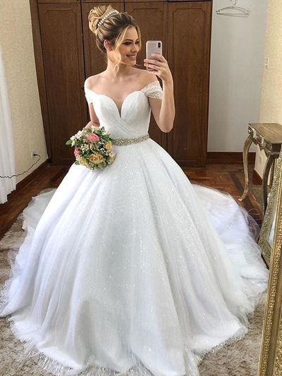 Ball Gown Off the Shoulder White Sparkly Tulle Wedding Dresses with Beading