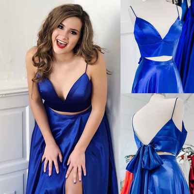 Two piece royal blue prom dresses slit - Thumbnail 3