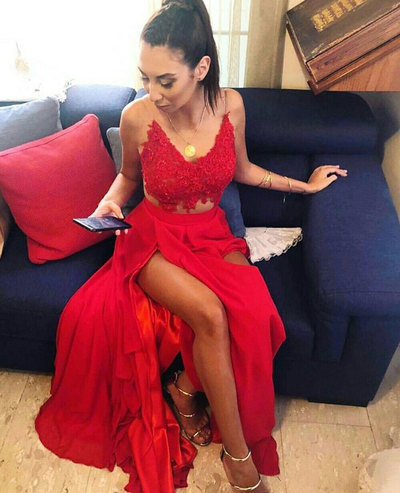 Two Piece Split Prom Dresses with Appliques