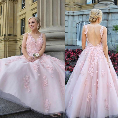 Pink Prom Dresses Pink with Appliques