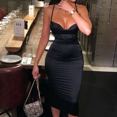 Sexy bodycon cowl neck straps black tea length party dresses - Thumbnail 2