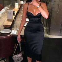 Sexy Bodycon Cowl Neck Straps Black Tea Length Party Dresses - Thumbnail 1
