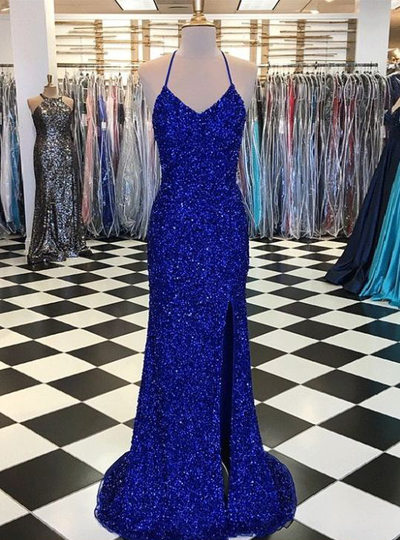 Sparkly Mermaid V Neck Straps Sequins Royal Blue Prom Dresses with Split