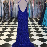 Sparkly Mermaid V Neck Straps Sequins Royal Blue Prom Dresses with Split - Thumbnail 1