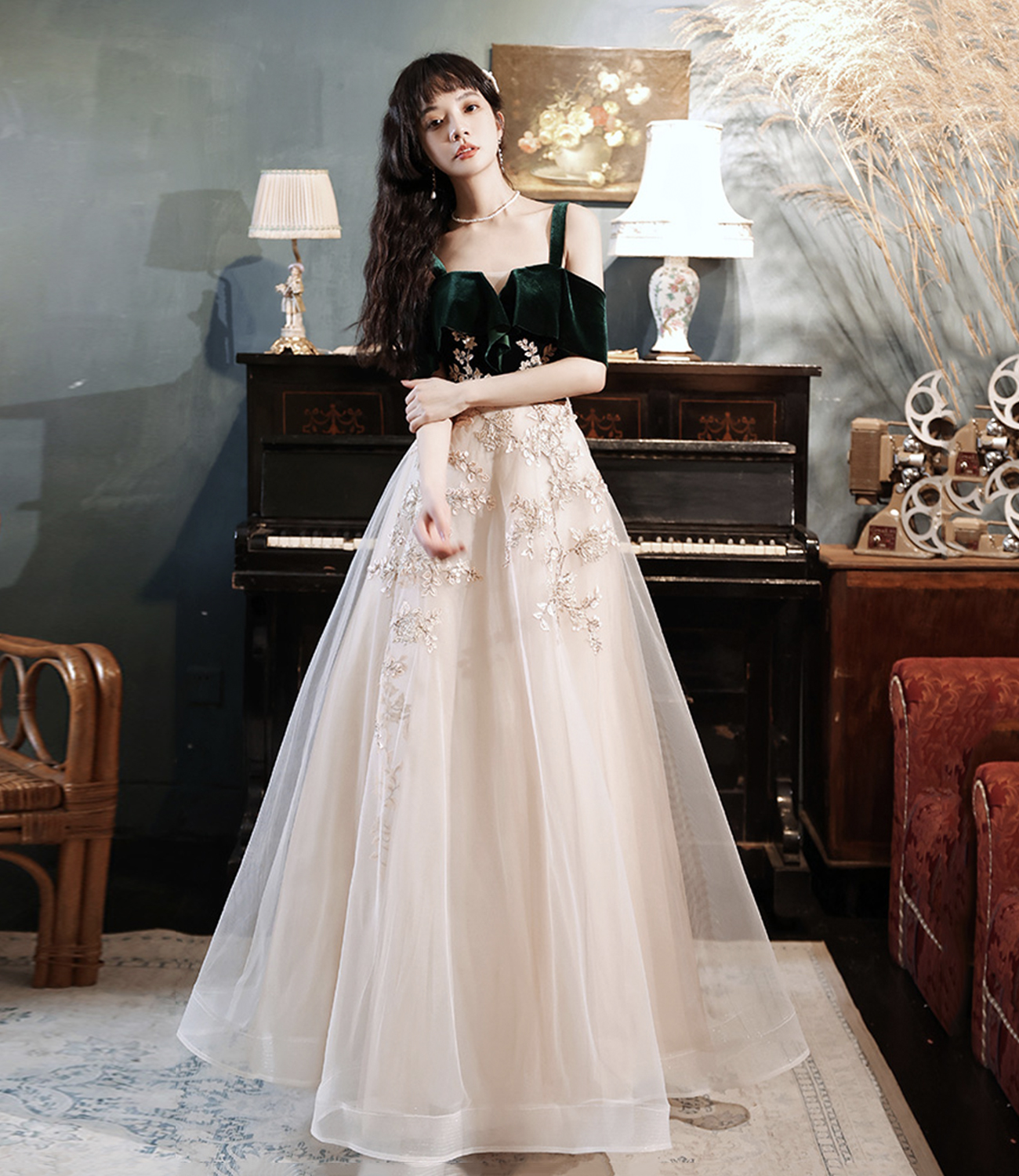 Elegant lace long A line prom dress evening dress