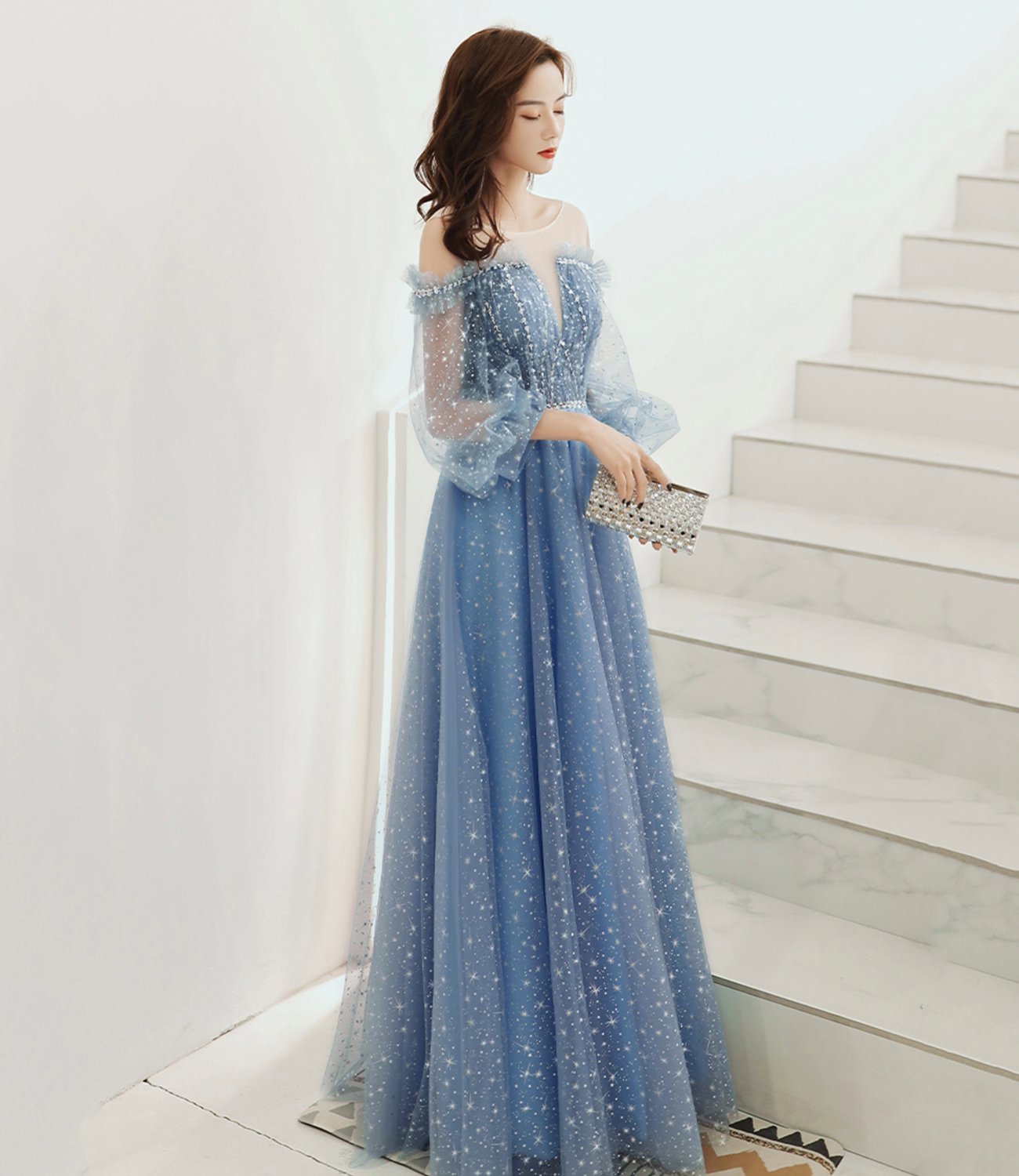 Blue tulle long A line prom dress blue evening dress