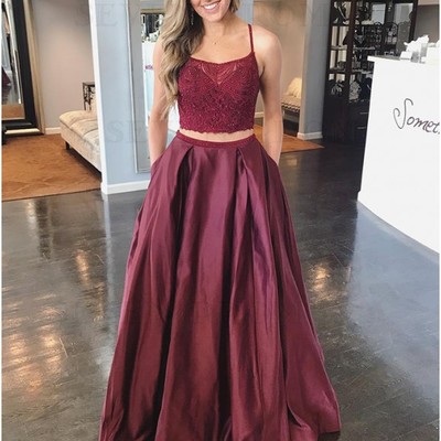 Ball gown scoop neck spaghetti straps burgundy satin long prom dresses with beading - Thumbnail 3