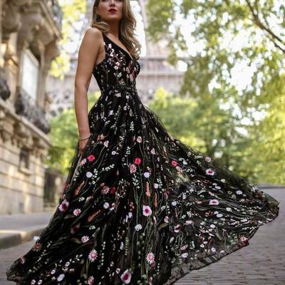 Sweet a line v neck black lace prom dresses - Thumbnail 1