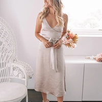 Sheath V Neck Light Champagne Silk Satin Midi Bridesmaid Dress with Belt - Thumbnail 2