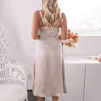 Sheath V Neck Light Champagne Silk Satin Midi Bridesmaid Dress with Belt - Thumbnail 1