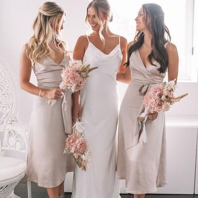 Sheath v neck light champagne silk satin midi bridesmaid dress with belt - Thumbnail 1