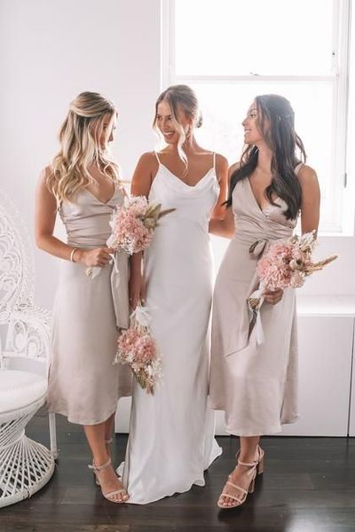 Sheath V Neck Light Champagne Silk Satin Midi Bridesmaid Dress with Belt