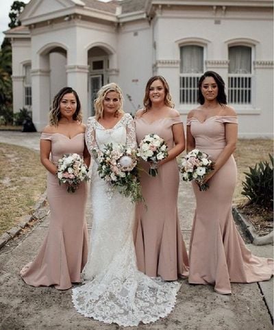 Simple Mermaid Off the Shoulder Blush Pink Long Bridesmaid Dress