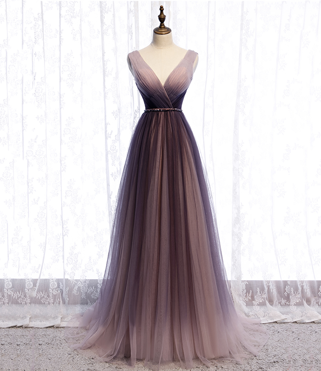Cute v neck tulle long prom dress A line evening dress