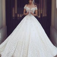 Charming Ball Gown Off the Shoulder White Lace Wedding Dresses - Thumbnail 1