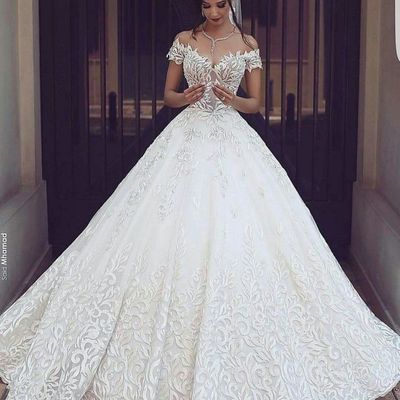Charming ball gown off the shoulder white lace wedding dresses - Thumbnail 1