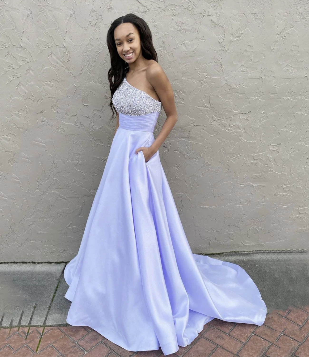 Purple satin long prom dress one shoulder evening dress