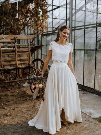 Cap Sleeves Lace Bridal Separates,Crop Top Two Piece Wedding Dress with Hi-Lo Chiffon Skirt