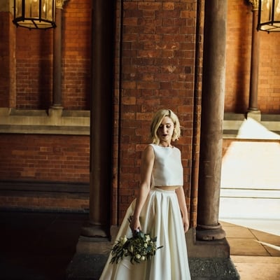 New arrival affordable modest bateau neck two piece high low bridal separates wedding dress - Thumbnail 2