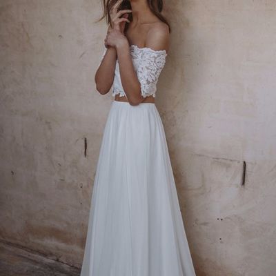 Boho two piece off the shoulder lace chiffon beach wedding dresses - Thumbnail 3
