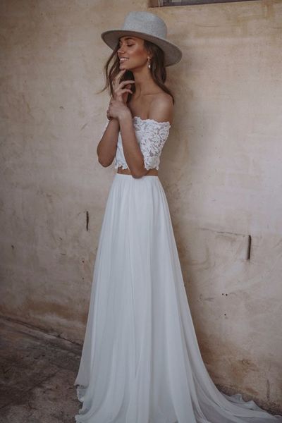 Boho Two Piece Off the Shoulder Lace Chiffon Beach Wedding Dresses